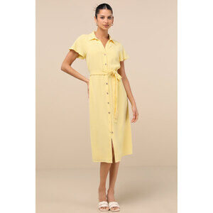 Lulus Italian Summer Light Yellow Linen Button-up Short Sleeve Dress - Size XXL
